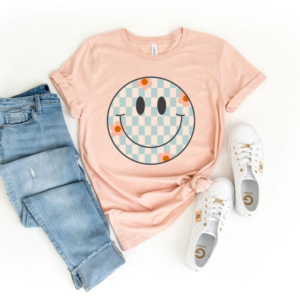 Checkered Smiley Face Short Sleeve Graphic Tee