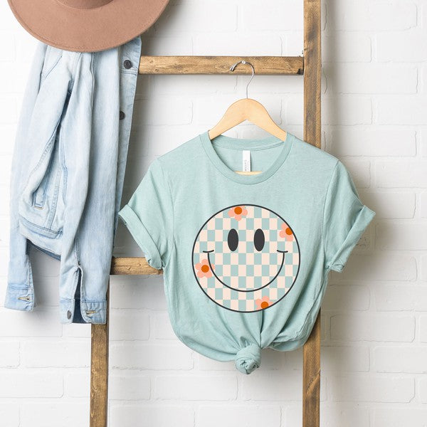 Checkered Smiley Face Short Sleeve Graphic Tee