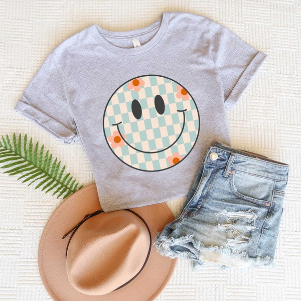 Checkered Smiley Face Short Sleeve Graphic Tee