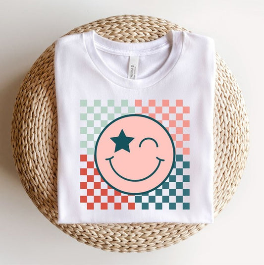 Checkered Colorful Smiley Face Crew Tee