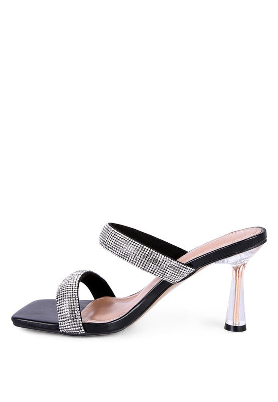 DOLLS DIAMANTE MID HEEL SLIDE SANDALS