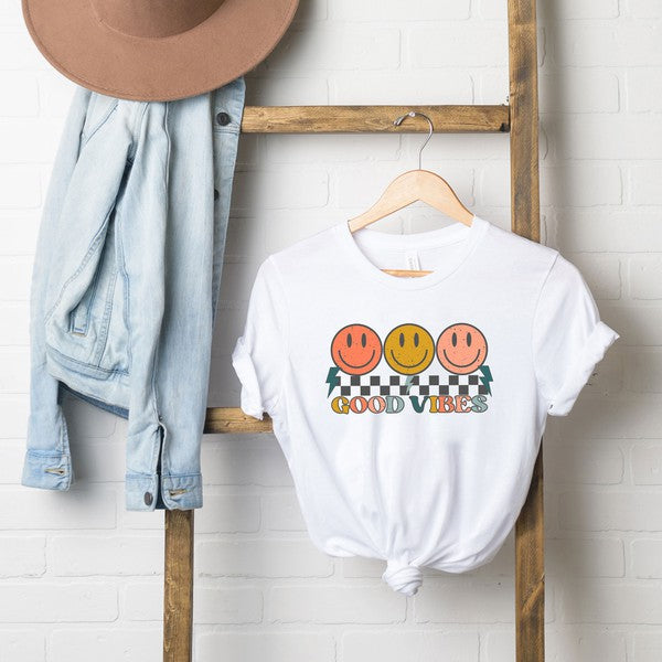 Checkered Good Vibes Smiley Face Short Sleeve Tee