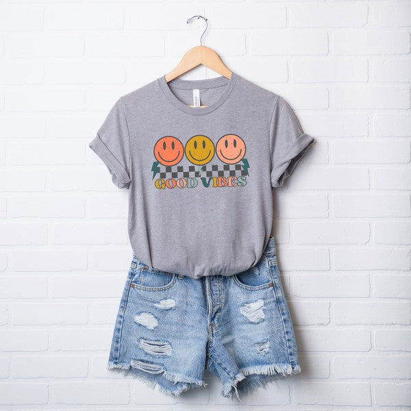 Checkered Good Vibes Smiley Face Short Sleeve Tee