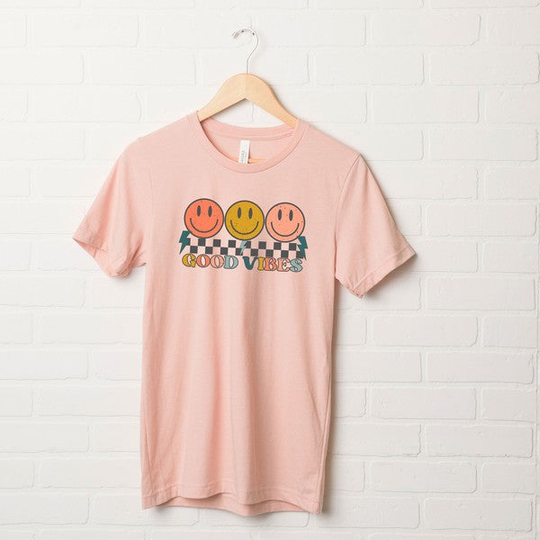 Checkered Good Vibes Smiley Face Short Sleeve Tee