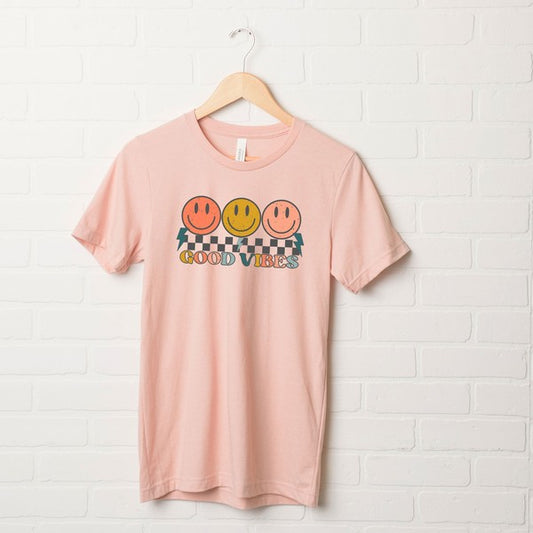 Checkered Good Vibes Smiley Face Short Sleeve Tee