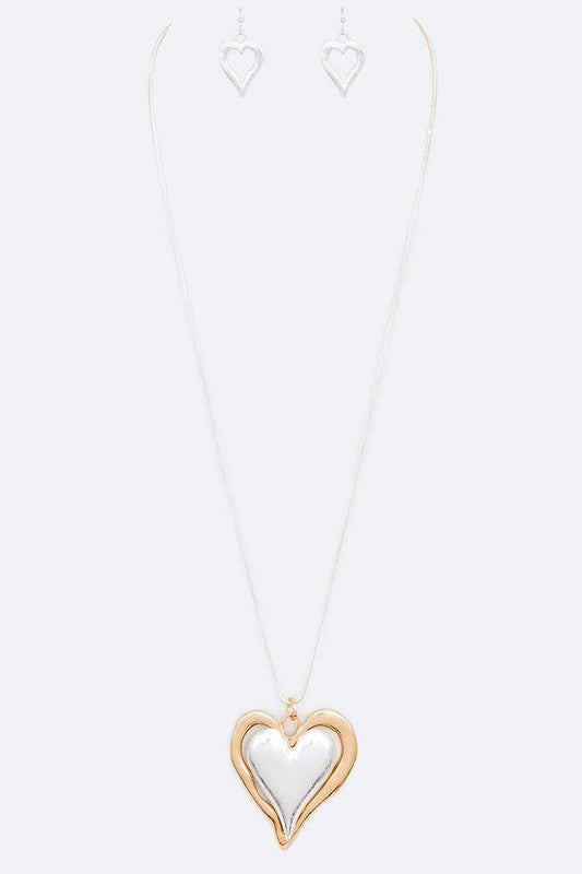 2 Tone Puff Heart Pendant Necklace Set