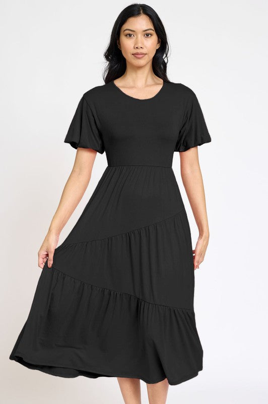 Solid Diagonal Tiered Flowy Dress