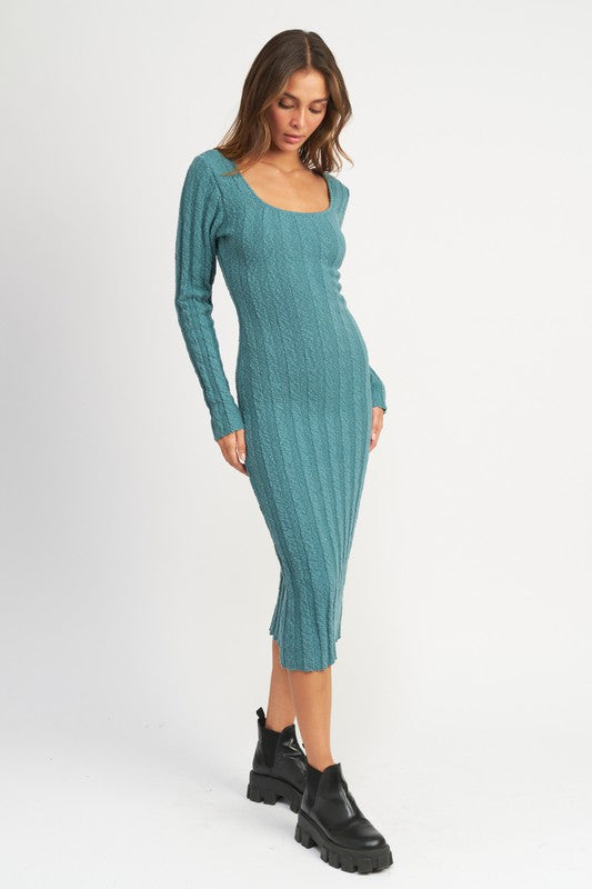 SQUARE NECK RIBBED MIDI DRESS