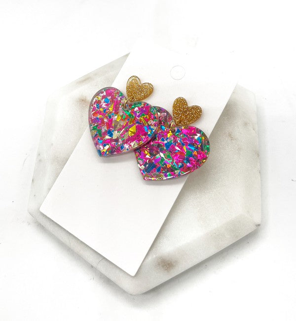 Queen of Heart Glitter Acrylic Earrings Valentines