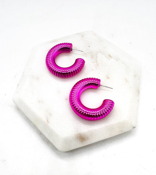 Hot Pink Chrome Acrylic Hoop Earrings