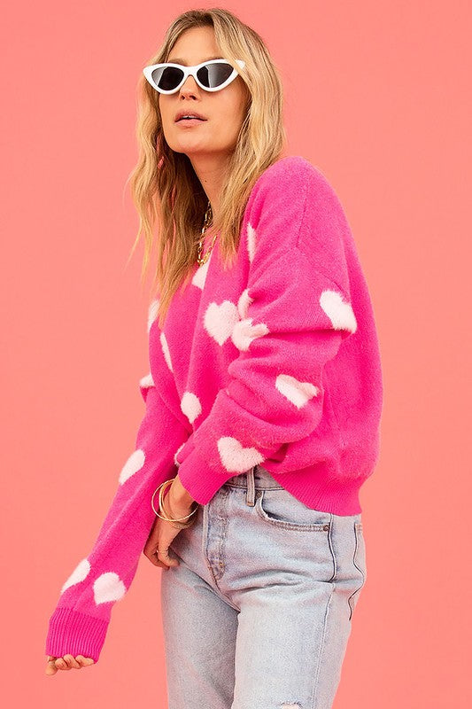 Love Pink Fuzzy Hearts Drop Shoulder Sweater