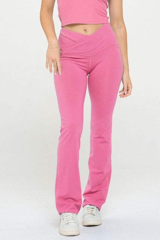 Women Crossover Flare Legging High Waisted Pockets