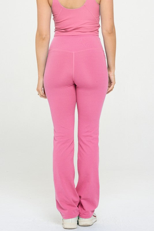 Women Crossover Flare Legging High Waisted Pockets