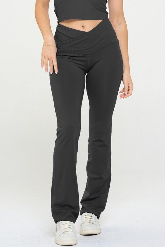 Women Crossover Flare Legging High Waisted Pockets