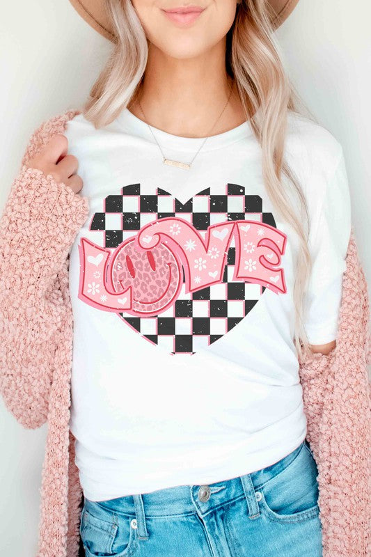 CHECKER HEART HAPPY FACE LOVE Graphic Tee