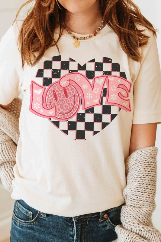 CHECKER HEART HAPPY FACE LOVE Graphic Tee